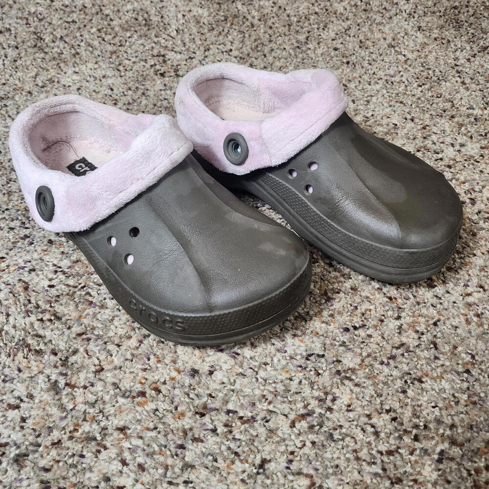 CROCS Gray and Pink Fuzzy Sandals